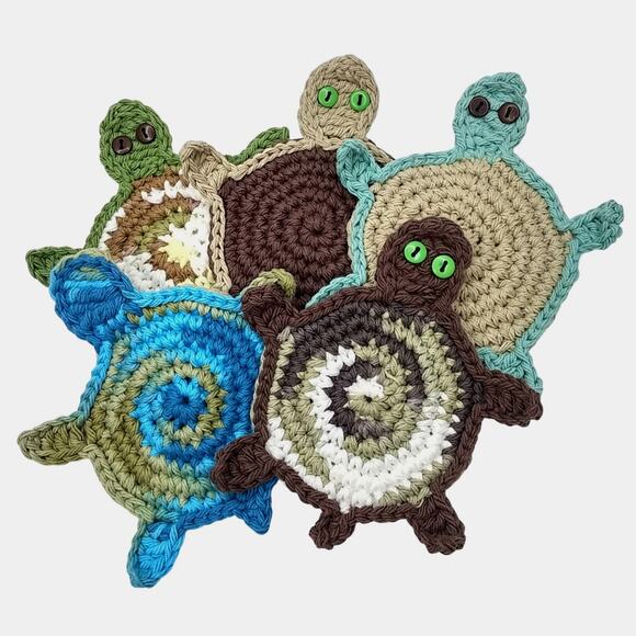 Turtle Crochet Coasters Handmade Set of Four Tortoise Sea Mug Rugs Made to Order - Picture 1 of 15